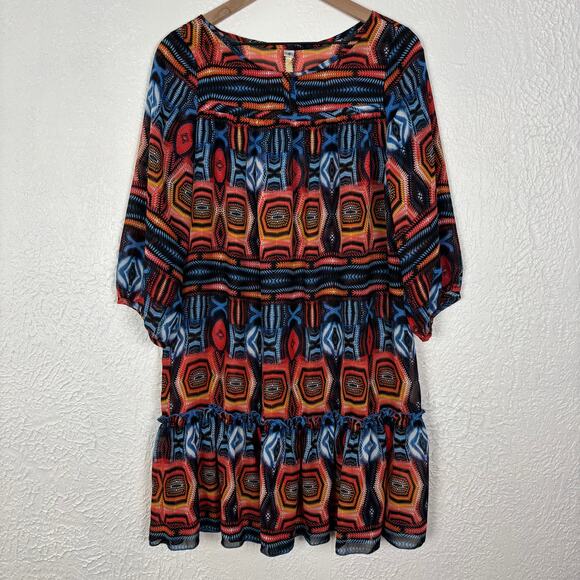 Uncle Frank Vibrant Vivid Bold Geometric Print Tie Waist Mini Dress Boho Small - Picture 3 of 5